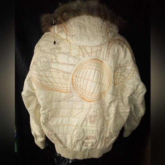 World Tour Embroidered Graphics Removable Hooded Leather Jacket Men's 2XL Cream - Picture 9 of 13